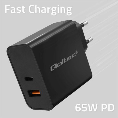 Qoltec Ładowarka Super Quick PD |1xUSB-C | 1xUSB | 65W | 5-20V | 1.5-3.25A | Laptop | Smartfon | Czarna