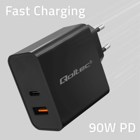 Qoltec Ładowarka Super Quick PD | 1xUSB-C | 1xUSB | 90W | 5-20V | 2.4-4.35A | Laptop | Smartfon | Czarna