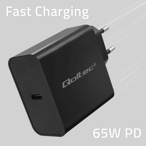Qoltec Ładowarka Super Quick PD | 1xUSB-C | 65W | 5-20V | 3-3.25A | Laptop | Smartfon | Czarna