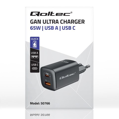 Qoltec Ładowarka sieciowa 65W GaN ULTRA | 5-20V | 2.25-3.25A | 1 x USB typ C PD | 1 x USB QC 3.0 | Laptop | Smartfon | Czarna