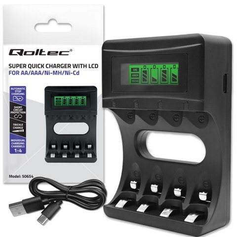 Qoltec Ładowarka do akumulatorków Ni-MH typu R03 AAA R6 AA | LCD | Kabel USB