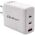 Qoltec Ładowarka sieciowa 100W GaN | 5-20V | 1.5-5A | 2 x USB-C PD | 1 x USB QC 3.0 | Laptop | Smartfon | Biała
