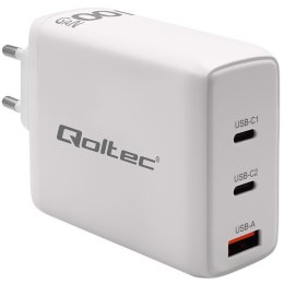 Qoltec Ładowarka sieciowa 100W GaN | 5-20V | 1.5-5A | 2 x USB-C PD | 1 x USB QC 3.0 | Laptop | Smartfon | Biała