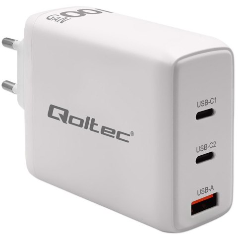 Qoltec Ładowarka sieciowa 100W GaN | 5-20V | 1.5-5A | 2 x USB-C PD | 1 x USB QC 3.0 | Laptop | Smartfon | Biała