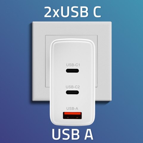 Qoltec Ładowarka sieciowa 100W GaN | 5-20V | 1.5-5A | 2 x USB-C PD | 1 x USB QC 3.0 | Laptop | Smartfon | Biała