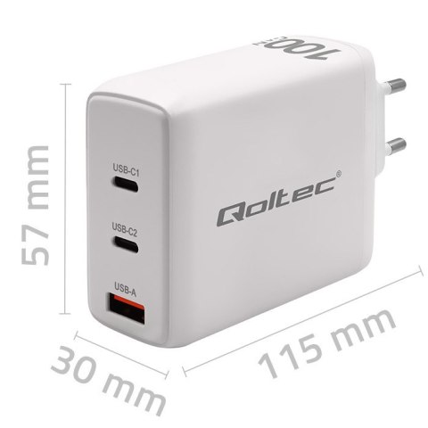 Qoltec Ładowarka sieciowa 100W GaN | 5-20V | 1.5-5A | 2 x USB-C PD | 1 x USB QC 3.0 | Laptop | Smartfon | Biała