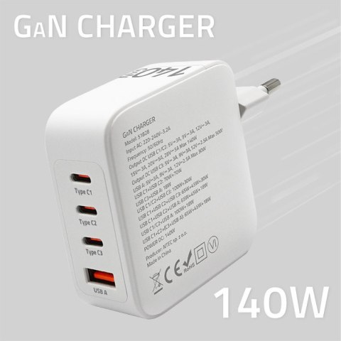 Qoltec Ładowarka sieciowa 140W GaN | 5-20V | 2.5-5A | 3 x USB-C PD | 1 x USB QC 3.0 | Laptop | Smartfon | Biała