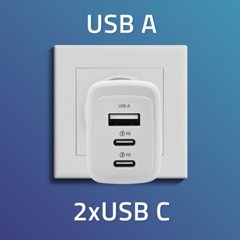 Qoltec Ładowarka sieciowa 65W GaN | 5-20V | 3-3.35A | 2 x USB-C PD | 1 x USB QC 3.0 | Laptop | Smartfon | Biała
