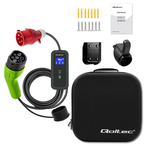 Qoltec Mobilna ładowarka do samochodu elektrycznego EV z regulacją 2w1 Typ2 | 11kW | Wi-fi | LCD | 3 fazy | Przenośna | Wallbox 