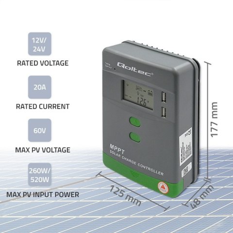 Qoltec Solarny regulator ładowania MPPT z czujnikiem temperatury 20A |12V / 24V | LCD | 2 x USB | Bluetooth | APP | GEL | LiFeP