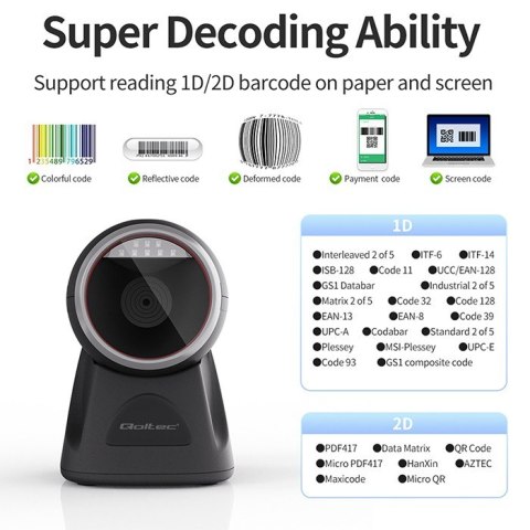 Qoltec Stacjonarny skaner czytnik kodów kreskowych i QR | 1D 2D | USB | Precyzyjny