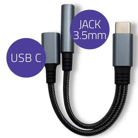 Qoltec Adapter przejściówka 2w1 USB-C | USB-C | Jack 3.5mm | PD 15W | 10cm | Aluminium