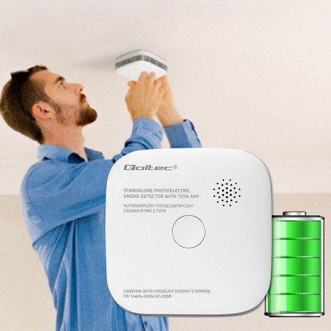 Qoltec Certyfikowany bezprzewodowy Czujnik dymu z baterią | Tuya | Wi-fi | żywotność sensora 10 lat | alarm 85dB | LED