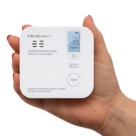 Qoltec Certyfikowany bezprzewodowy Czujnik tlenku węgla (czadu) z baterią | detektor CO | żywotność sensora 10 lat | alarm 85dB 