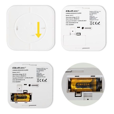 Qoltec Certyfikowany bezprzewodowy Czujnik tlenku węgla (czadu) z baterią | detektor CO | żywotność sensora 10 lat | alarm 85dB 