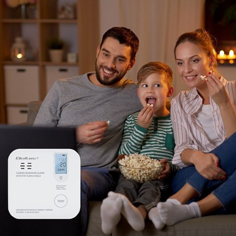 Qoltec Certyfikowany bezprzewodowy Czujnik tlenku węgla (czadu) z baterią | detektor CO | żywotność sensora 10 lat | alarm 85dB 
