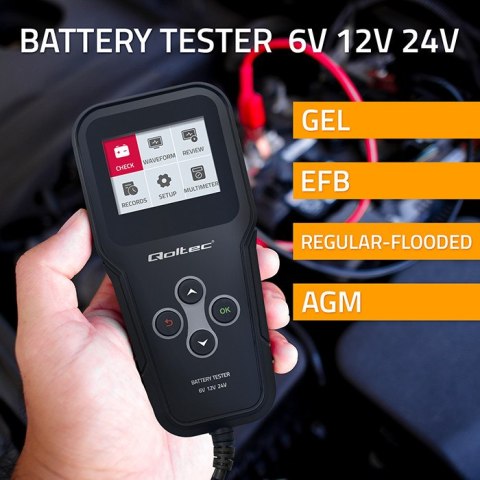 Qoltec Cyfrowy tester akumulatora 3w1 z LCD | Polskie Menu | 6V | 12V | 24V | 10Ah-200Ah