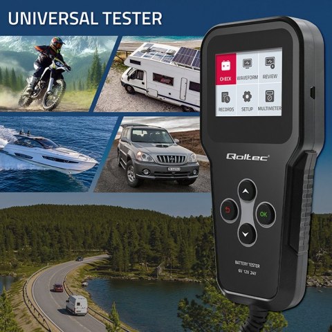 Qoltec Cyfrowy tester akumulatora 3w1 z LCD | Polskie Menu | 6V | 12V | 24V | 10Ah-200Ah