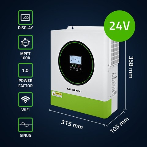 Qoltec Hybrydowy inwerter solarny Off-Grid 3500W | 100A | 24V | MPPT | BMS | opcja Wi-fi |Sinus | Power factor 1.0
