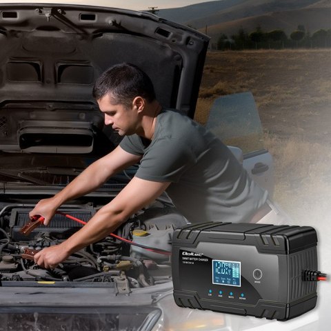 Qoltec Inteligentna mikroprocesorowa ładowarka 12V 8A | 24V 4A| Prostownik z funkcją naprawy do akumulatora AGM GEL | LCD
