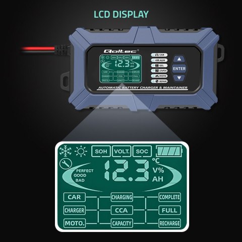 Qoltec Inteligentna mikroprocesorowa ładowarka z testerem baterii i funkcją naprawy 12V | 6A | LCD | Prostownik do akumulatora A