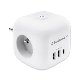 Qoltec Kostka zasilająca przedłużacz 6w1 z podświetlanym włącznikiem | 3x AC | 2x USB | 1x USB-C PD 20W | Biała