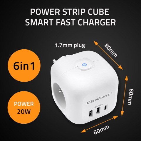 Qoltec Kostka zasilająca przedłużacz 6w1 z podświetlanym włącznikiem | 3x AC | 2x USB | 1x USB-C PD 20W | Biała