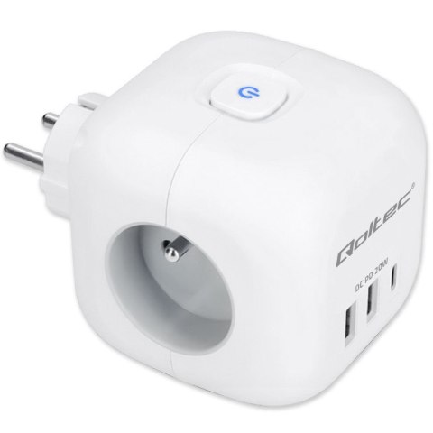 Qoltec Kostka zasilająca przedłużacz 6w1 z podświetlanym włącznikiem | 3x AC | 2x USB | 1x USB-C PD 20W | Biała