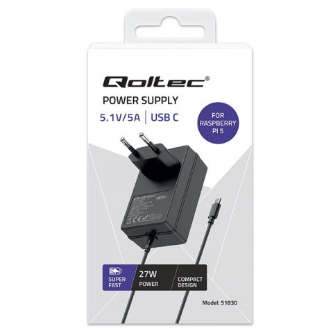 Qoltec Ładowarka Super FAST PD do Raspberry PI 5 | USB-C | 27W | 5.1V | 5A | Czarna