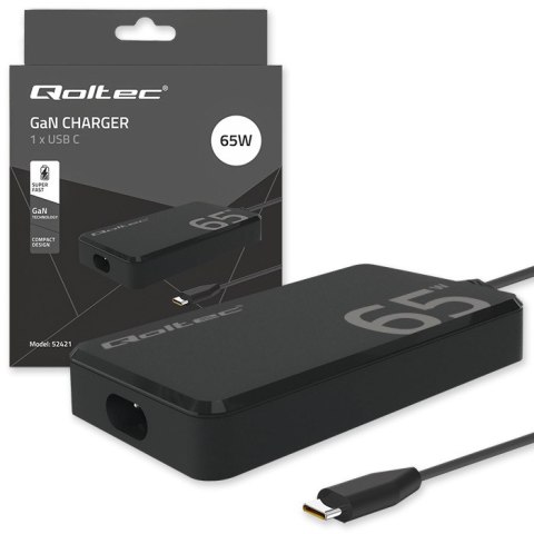 Qoltec Ładowarka sieciowa 65W GaN Super Fast SLIM | PD | 5-20V | 3.25A | USB-C 3.1 | Laptop | MacBook | Smartfon | + kabel