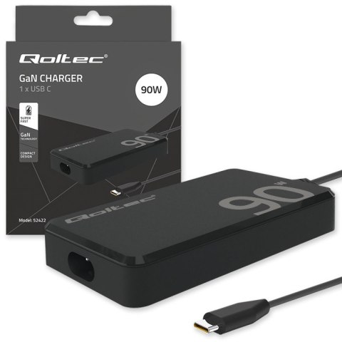 Qoltec Ładowarka sieciowa 90W GaN Super Fast SLIM | PD | 5-20V | 4.5A | USB-C 3.1 | Laptop | MacBook | Smartfon | + kabel