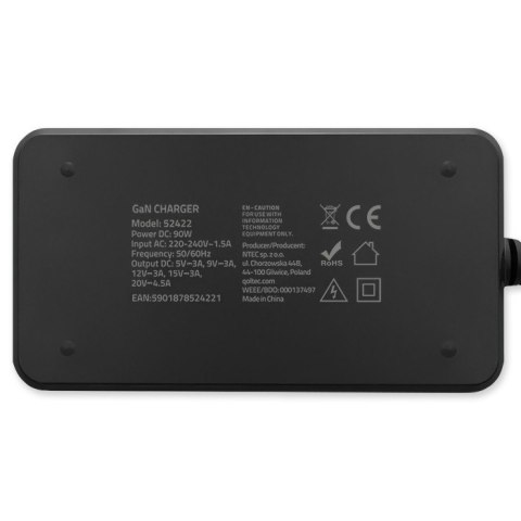 Qoltec Ładowarka sieciowa 90W GaN Super Fast SLIM | PD | 5-20V | 4.5A | USB-C 3.1 | Laptop | MacBook | Smartfon | + kabel