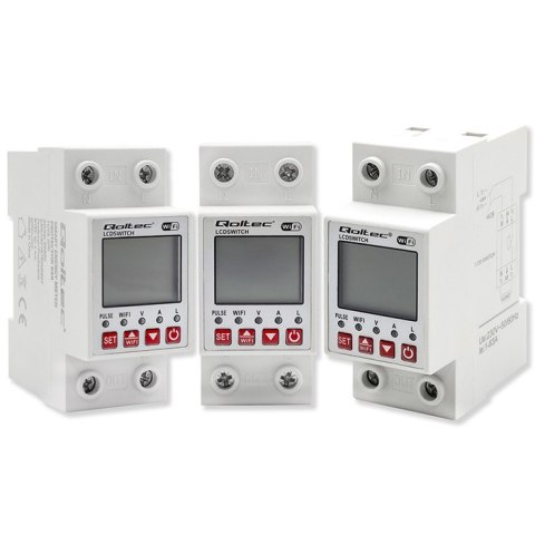 Qoltec Przekaźnik 63A na szynę DIN z licznikiem energii elektrycznej | Timer | Tuya | Wi-Fi | LED