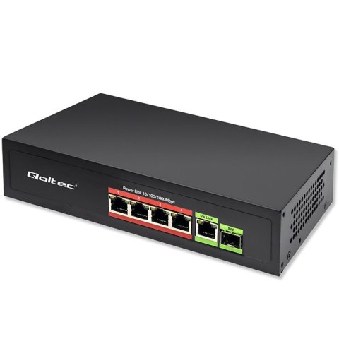 Qoltec Przełącznik sieciowy SWITCH FAST Ethernet PoE 4x RJ45 PoE 1x RJ45 Uplink 1x SFP | 65W | 1000 Mb