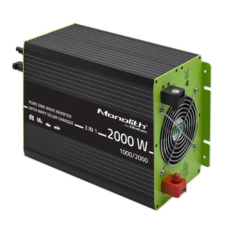 Qoltec Przetwornica solarna Monolith 3w1 z funkcją ładowania AC 10A | MPPT 40A | UPS | ATS | 1000W | 2000W | 12V na 230V | Czys