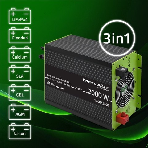 Qoltec Przetwornica solarna Monolith 3w1 z funkcją ładowania AC 10A | MPPT 40A | UPS | ATS | 1000W | 2000W | 12V na 230V | Czys