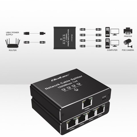 Qoltec Rozdzielacz Splitter Ethernet mini SWITCH 1x4 RJ45 | 1000Mb/s | USB-C | Aluminium
