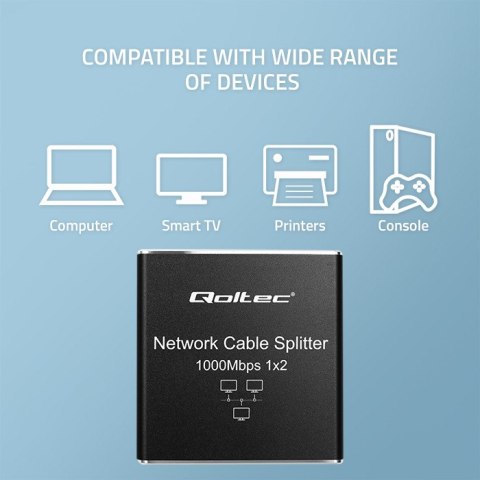Qoltec Rozdzielacz Splitter mini SWITCH 1x2 port RJ45 | 1000Mbps | USB-C | Aluminium
