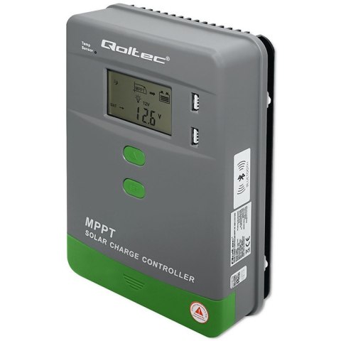 Qoltec Solarny regulator ładowania MPPT z czujnikiem temperatury 30A |12V / 24V | LCD | 2 x USB | Bluetooth | APP | GEL | LiFePO