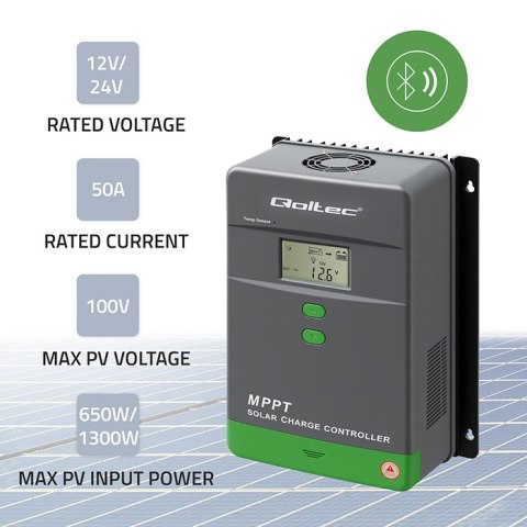 Qoltec Solarny regulator ładowania MPPT z czujnikiem temperatury 50A |12V / 24V | LCD | Bluetooth | APP | GEL | LiFePO4