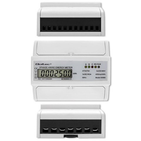 Qoltec Trójfazowy dwukierunkowy elektroniczny licznik | miernik zużycia energii na szynę DIN | 400V | 100A | LCD | 4P
