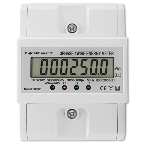 Qoltec Trójfazowy elektroniczny licznik | miernik zużycia energii na szynę DIN | 400V | 100A | LCD | 4P