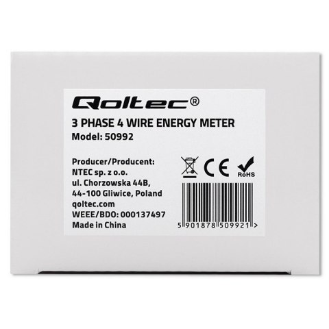 Qoltec Trójfazowy elektroniczny licznik | miernik zużycia energii na szynę DIN | 400V | 100A | LCD | 4P