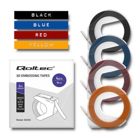 Qoltec Zastaw 4 Taśm 3D do wytłaczarki DYMO Omega | 9mm*3m | 4 kolory | samoprzylepna