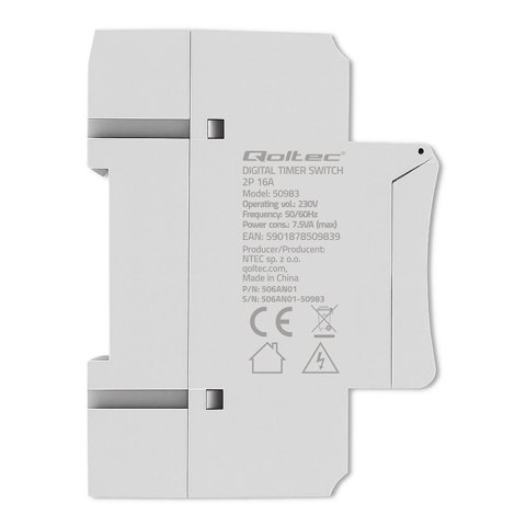 Qoltec Elektroniczny programator czasowy TIMER na szynę DIN z wbudowaną baterią | Haromonogram 7 dni | 16 programów