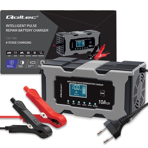 Qoltec Inteligentna mikroprocesorowa ładowarka 12V 10A | Prostownik z funkcją naprawy do akumulatora AGM GEL LiFePO4 | LCD