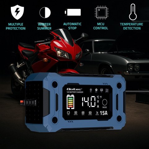 Qoltec Inteligentna mikroprocesorowa ładowarka 12V 15A | Prostownik z funkcją naprawy i podtrzymania zasilania podczas wymiany a