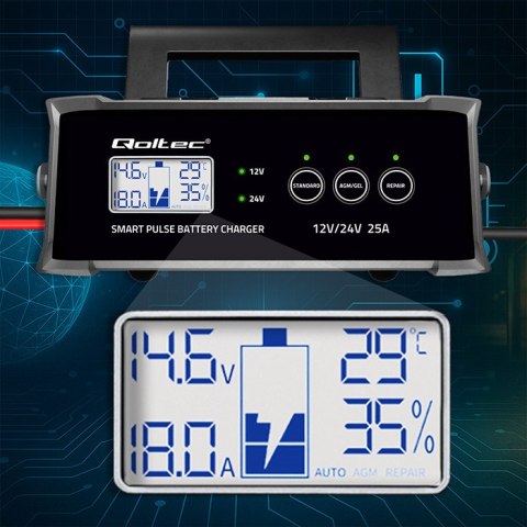 Qoltec Inteligentna mikroprocesorowa ładowarka 12V 24V 25A| Prostownik z funkcją naprawy do akumulatora AGM GEL SLA | LCD