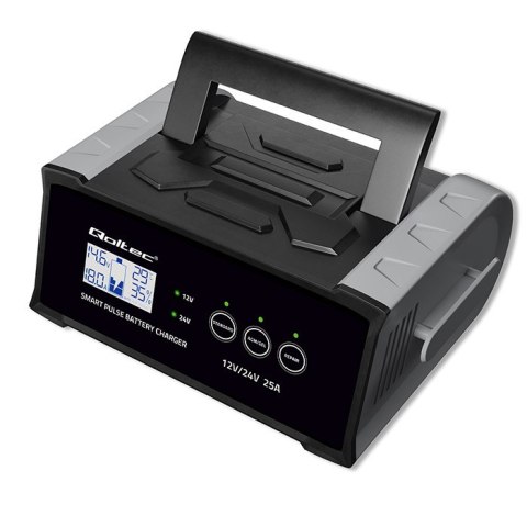 Qoltec Inteligentna mikroprocesorowa ładowarka 12V 24V 25A| Prostownik z funkcją naprawy do akumulatora AGM GEL SLA | LCD