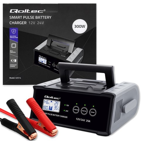 Qoltec Inteligentna mikroprocesorowa ładowarka 12V 24V 25A| Prostownik z funkcją naprawy do akumulatora AGM GEL SLA | LCD